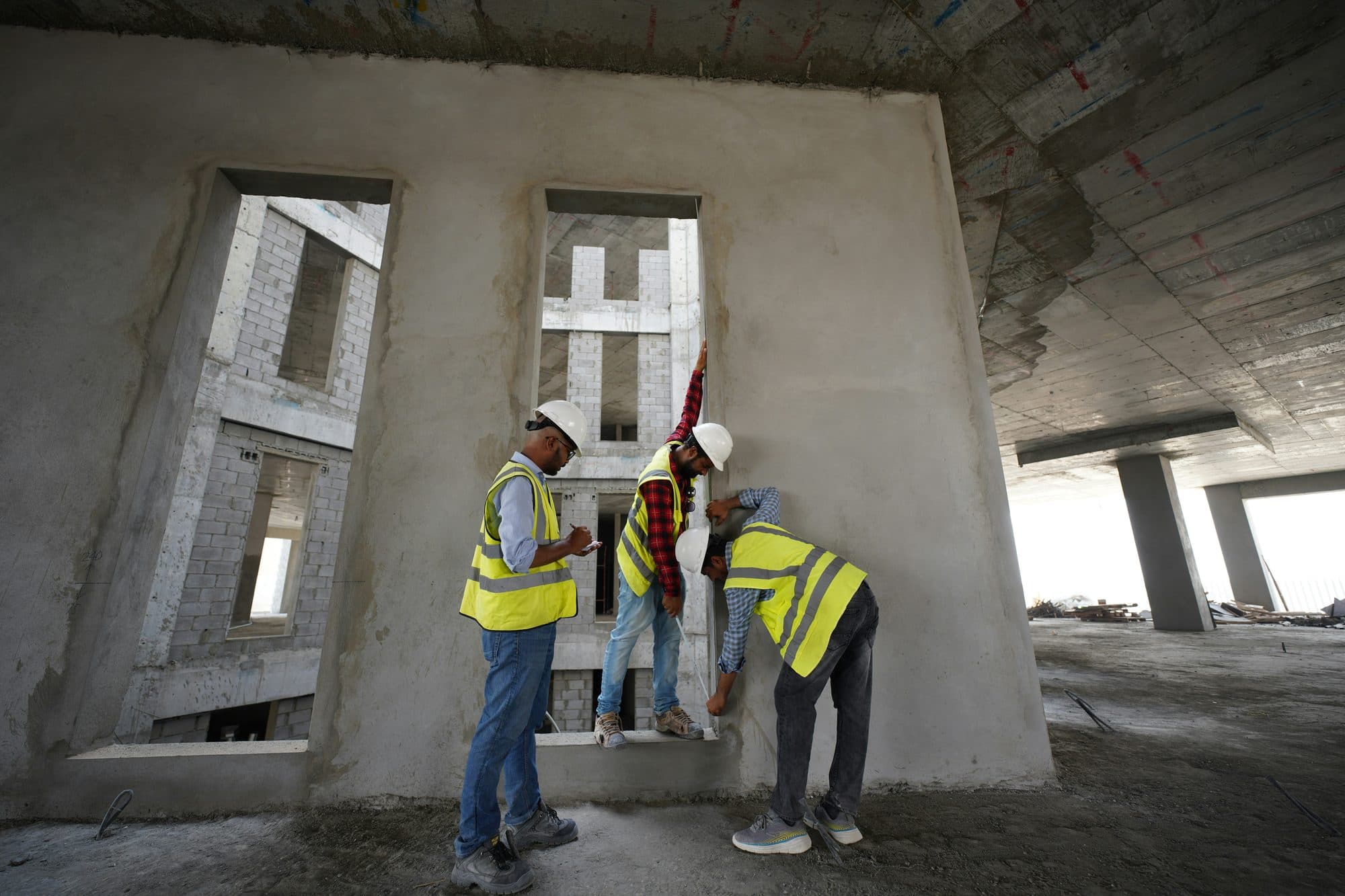 Engenheiros a verificar conformidade de obra em construção predial